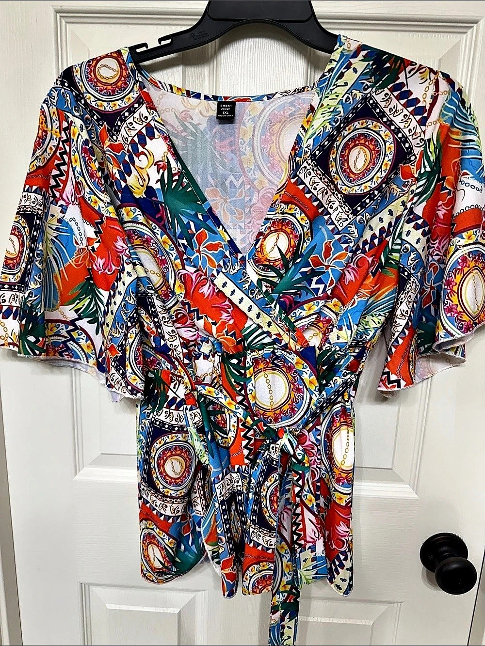 SHEIN Curve Geometric Wrap Blouse in Blue & Red Size 1XL Like New